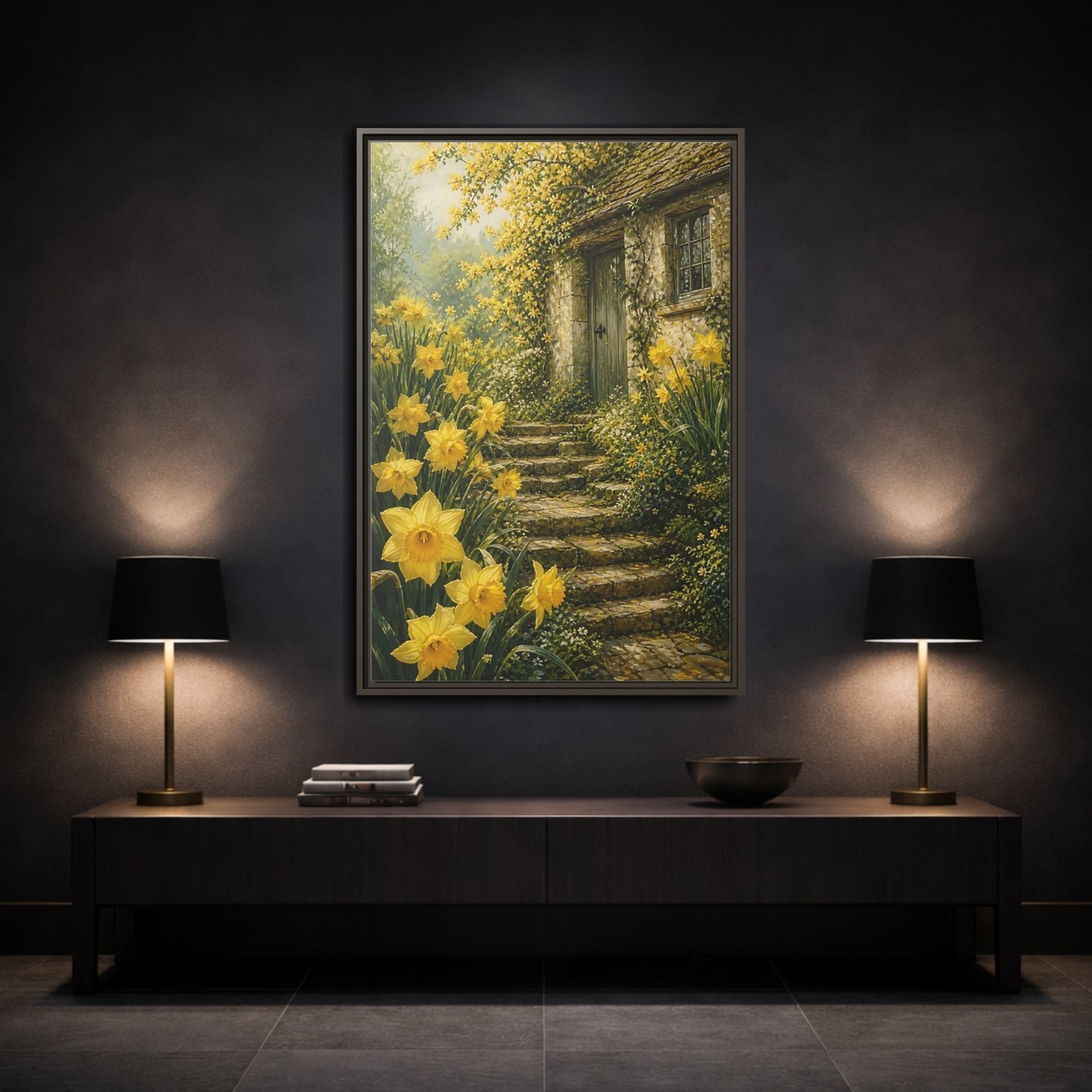 Mockup 3. Daffodil Cottage Entrance shown as framed canvas print