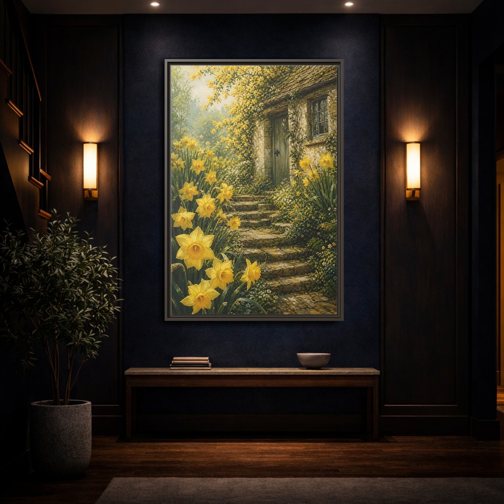 Mockup 4. Daffodil Cottage Entrance shown as framed canvas print