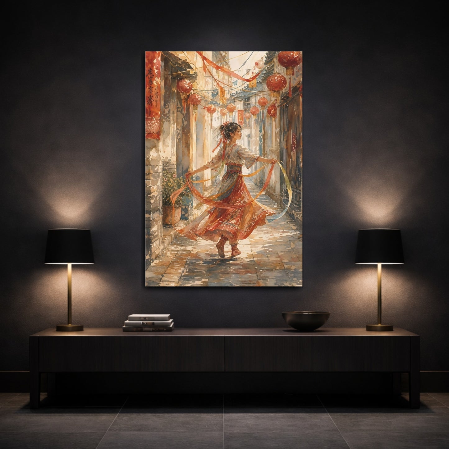 Mockup 3. Dance Among Lanterns shown as canvas print