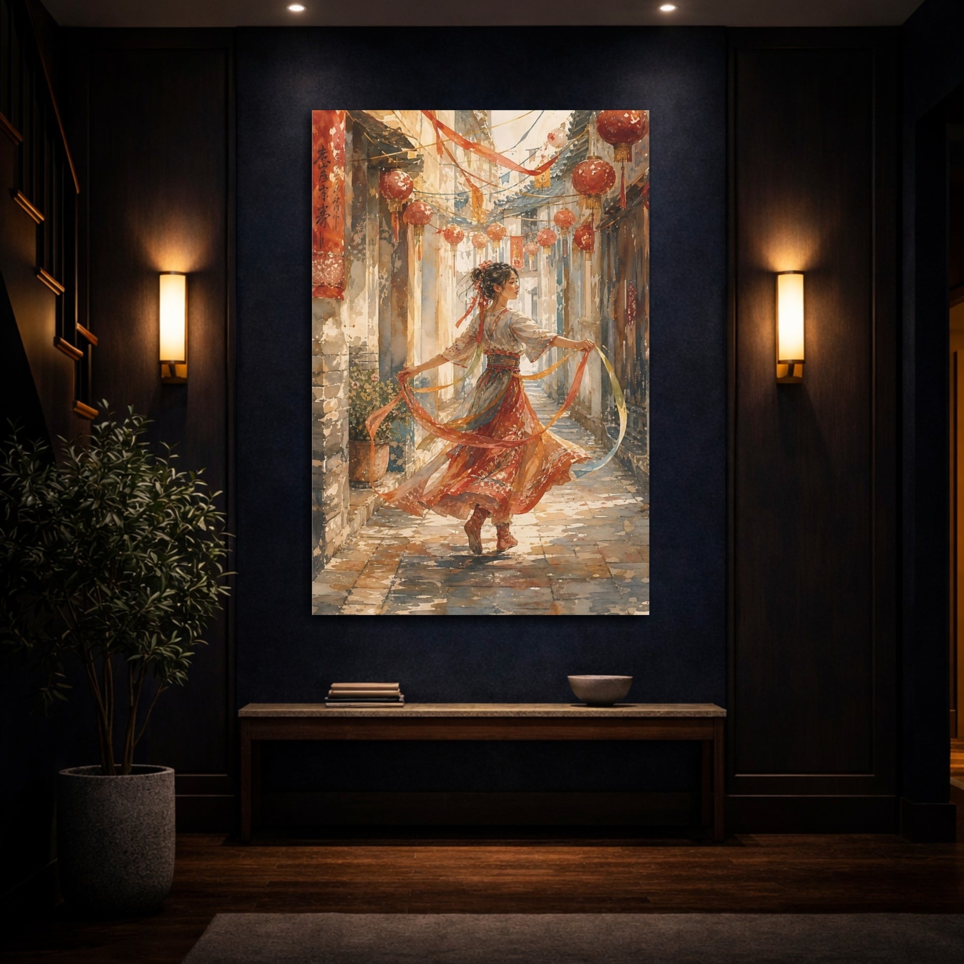 Mockup 4. Dance Among Lanterns shown as canvas print