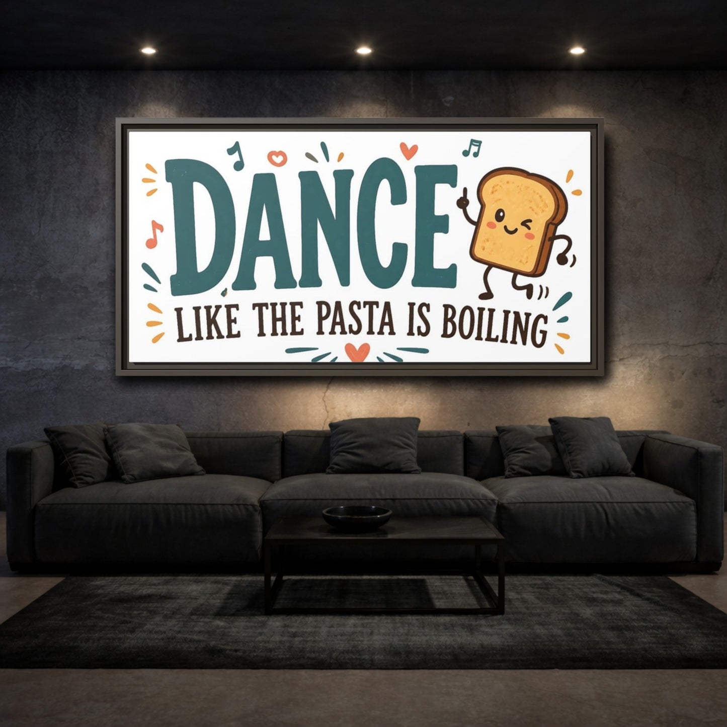 Mockup 3. Dance Like The Pasta Is Boiling shown as framed canvas print