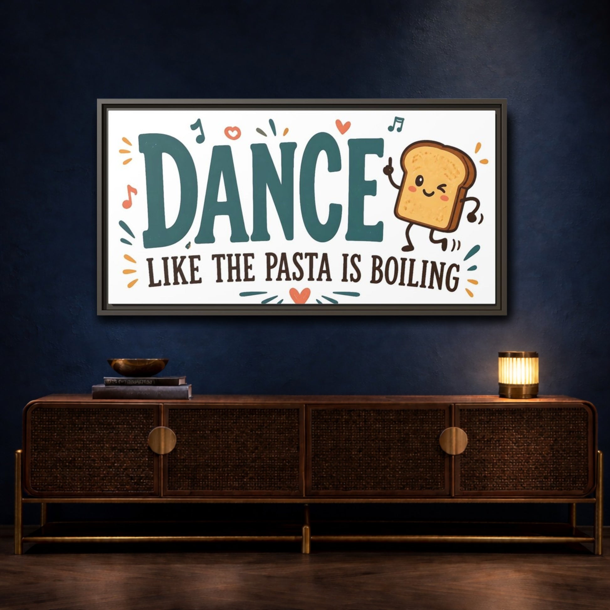 Mockup 4. Dance Like The Pasta Is Boiling shown as framed canvas print
