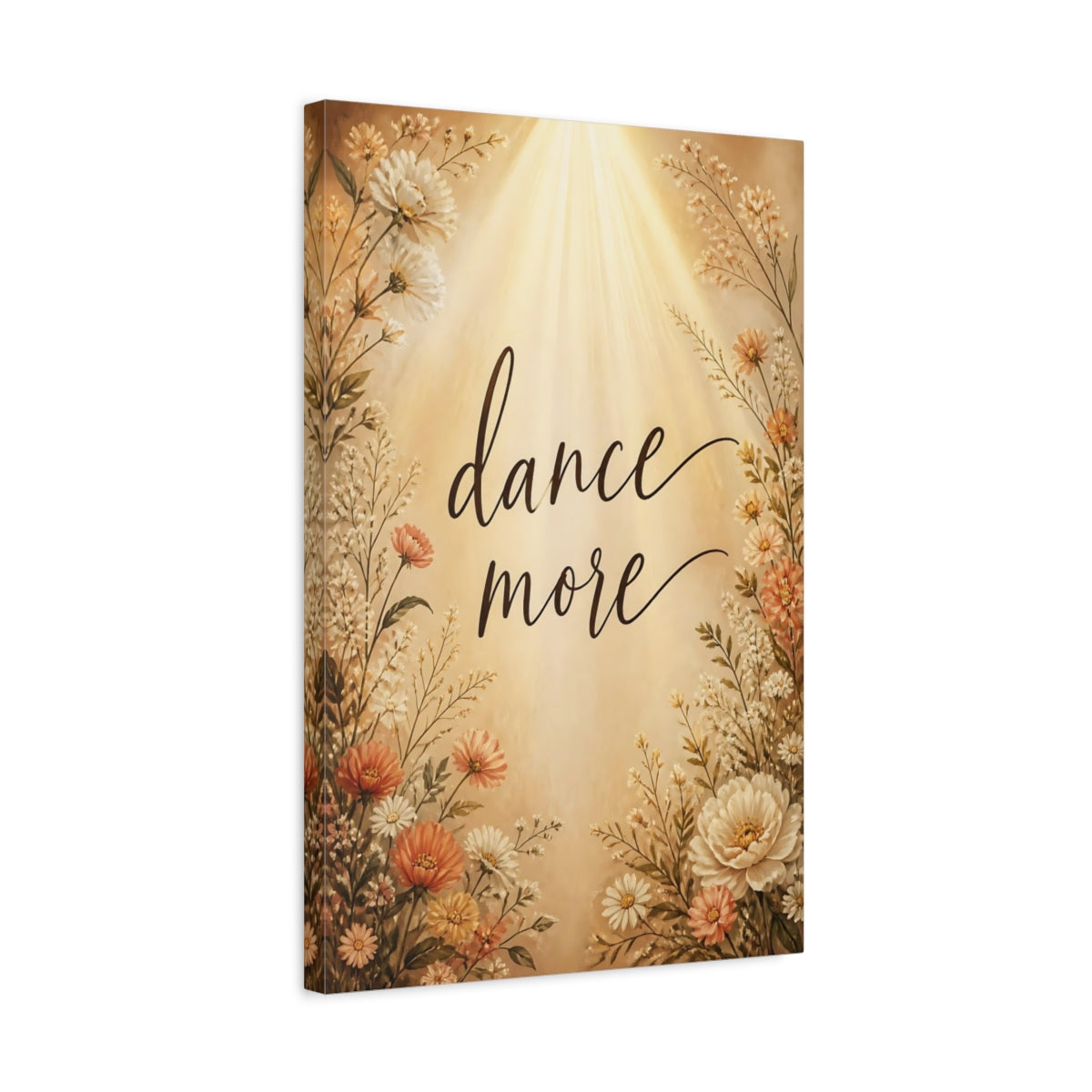 Side Mockup 3. Dance More Floral Quote shown as canvas print