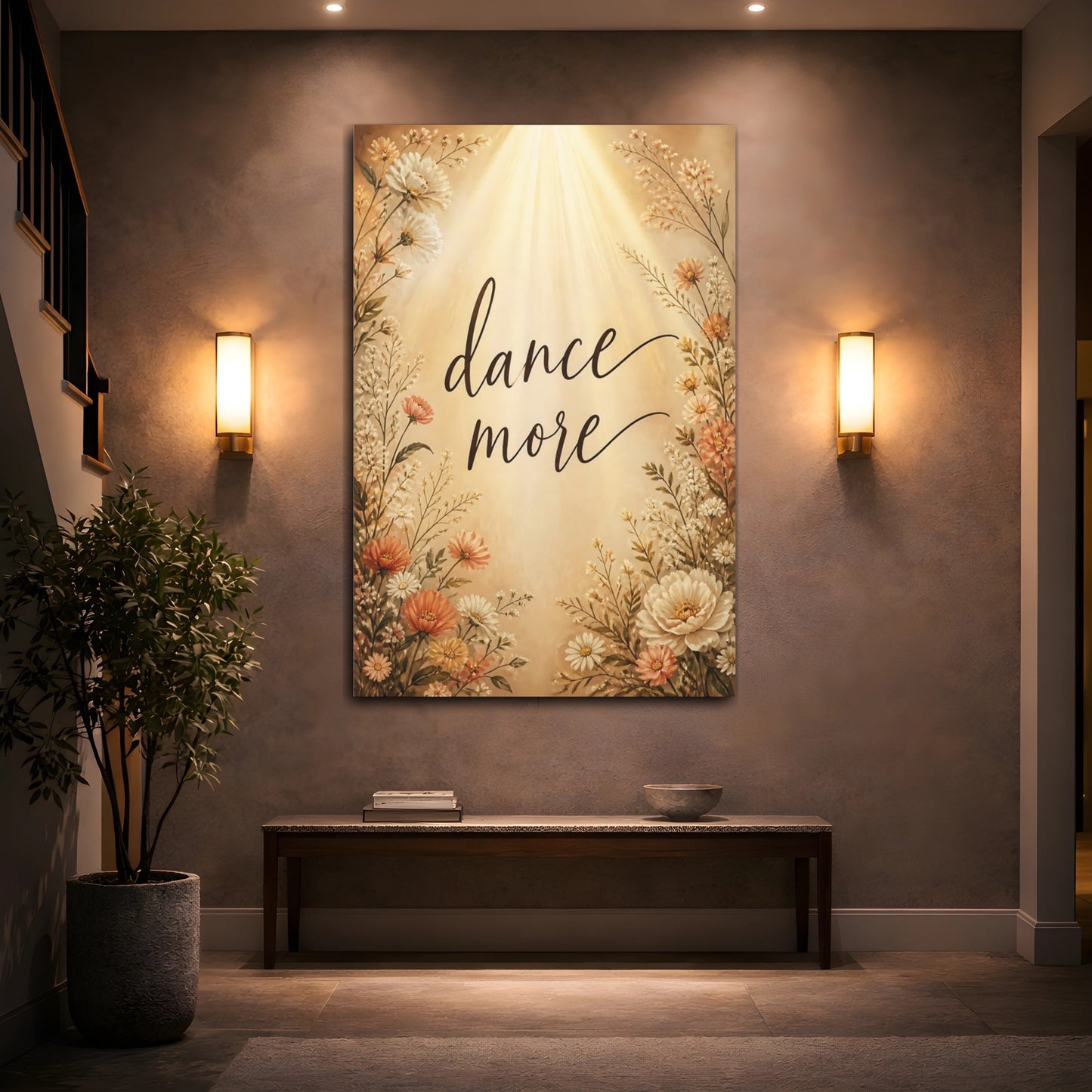 Mockup 2. Dance More Floral Quote shown as canvas print
