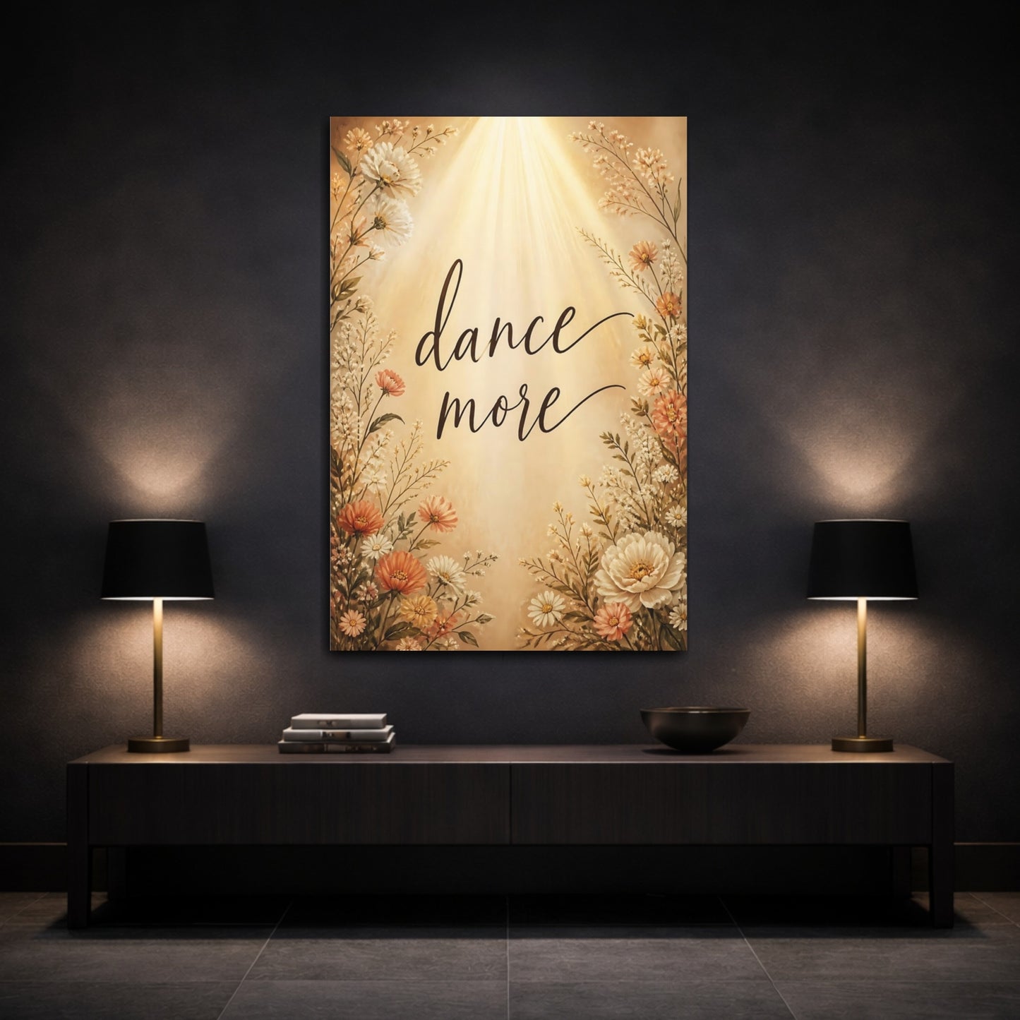 Mockup 3. Dance More Floral Quote shown as canvas print