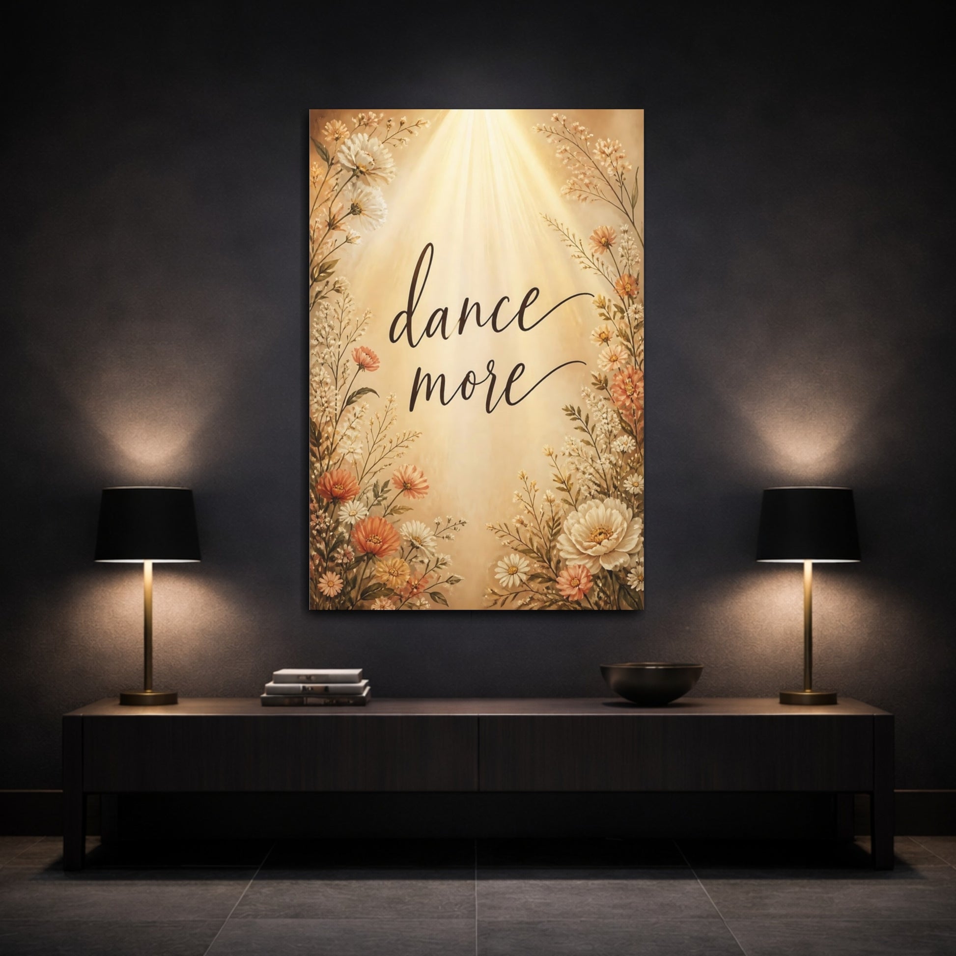Mockup 3. Dance More Floral Quote shown as canvas print