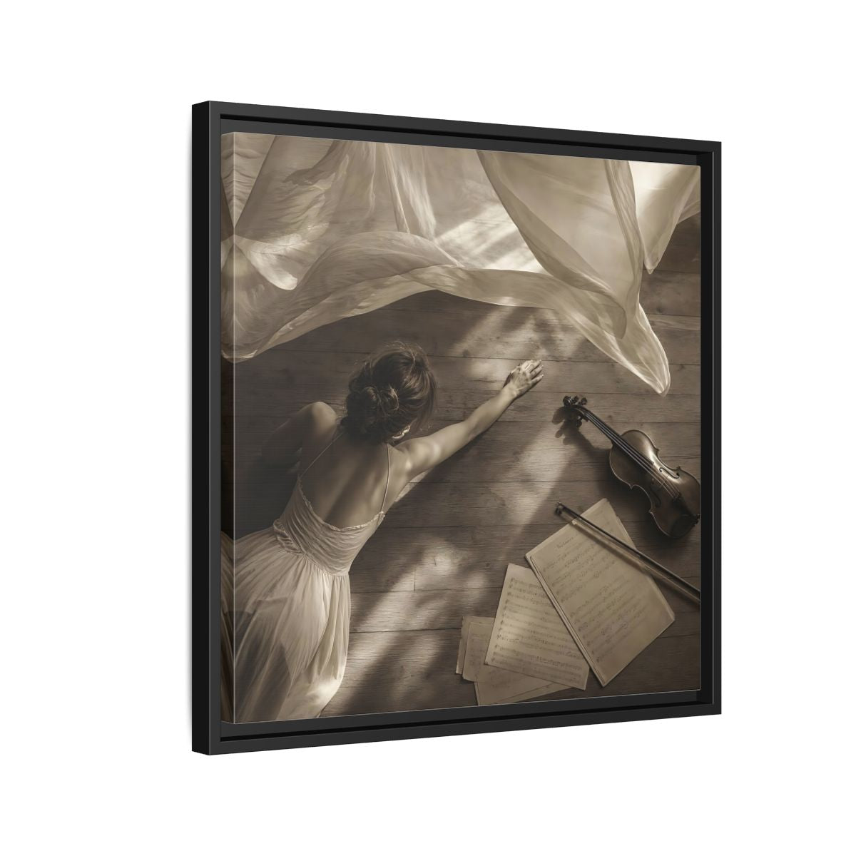 Side Mockup 12. Dancer And Violin shown as framed canvas print