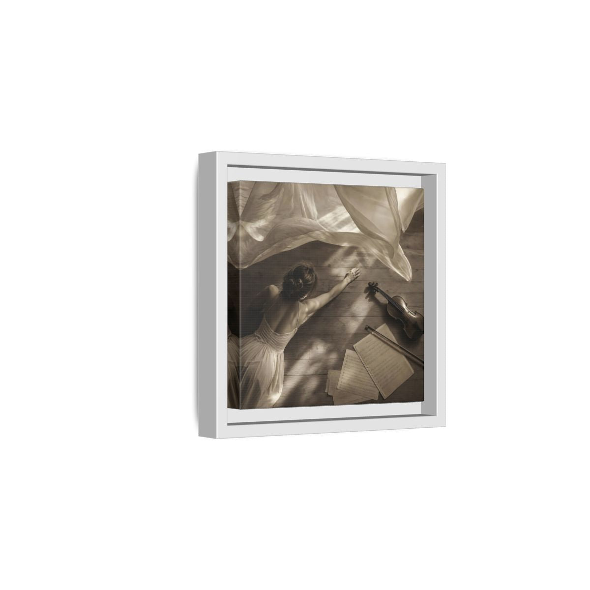 Side Mockup 1. Dancer And Violin shown as framed canvas print