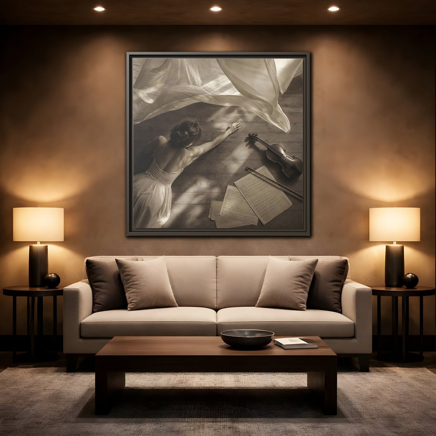Mockup 2. Dancer And Violin shown as framed canvas print
