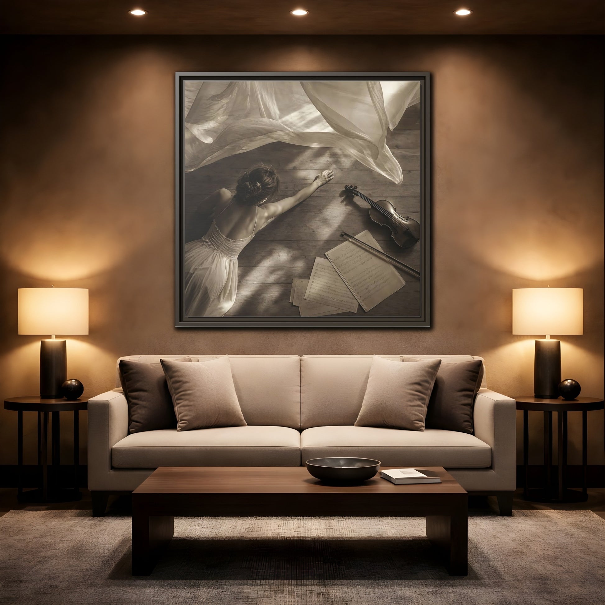 Mockup 2. Dancer And Violin shown as framed canvas print