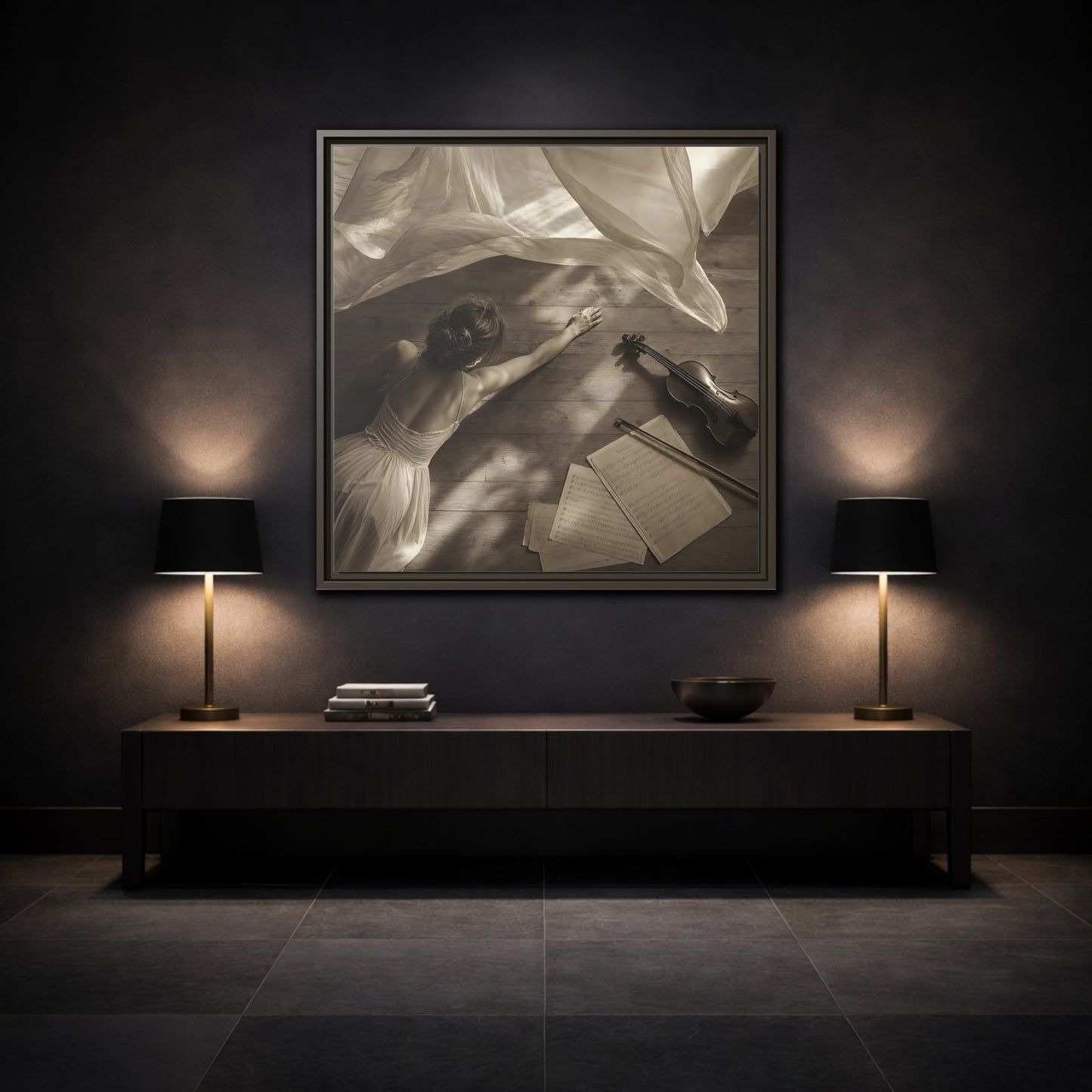 Mockup 3. Dancer And Violin shown as framed canvas print