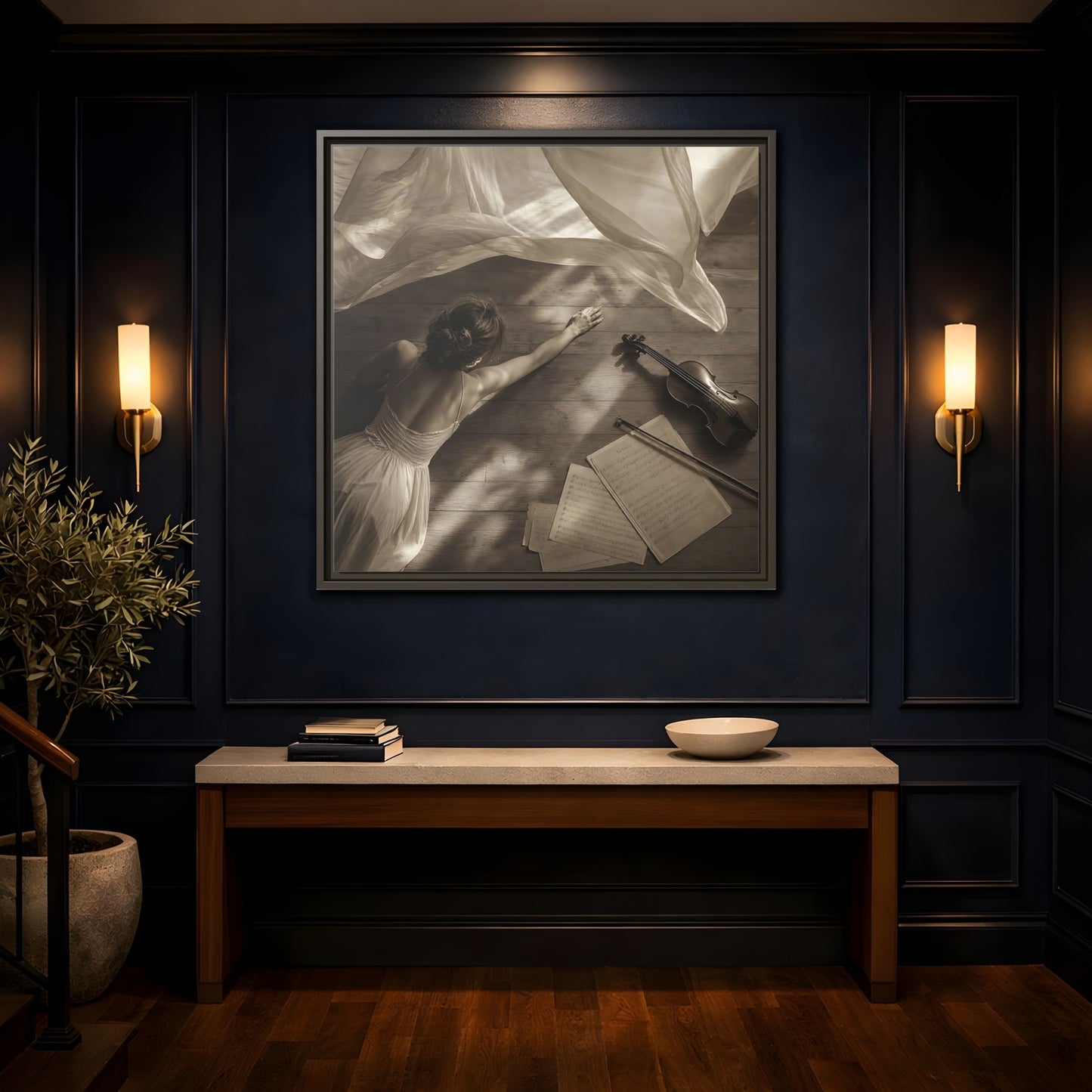 Mockup 4. Dancer And Violin shown as framed canvas print