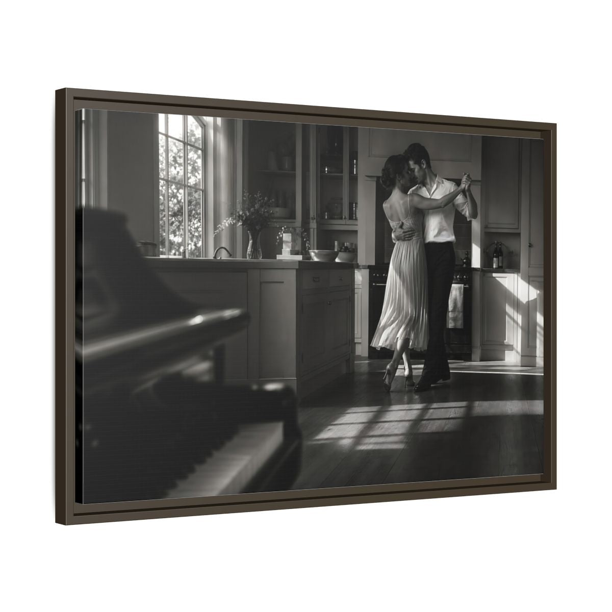 Side Mockup 11. Dancing In The Kitchen shown as framed canvas print