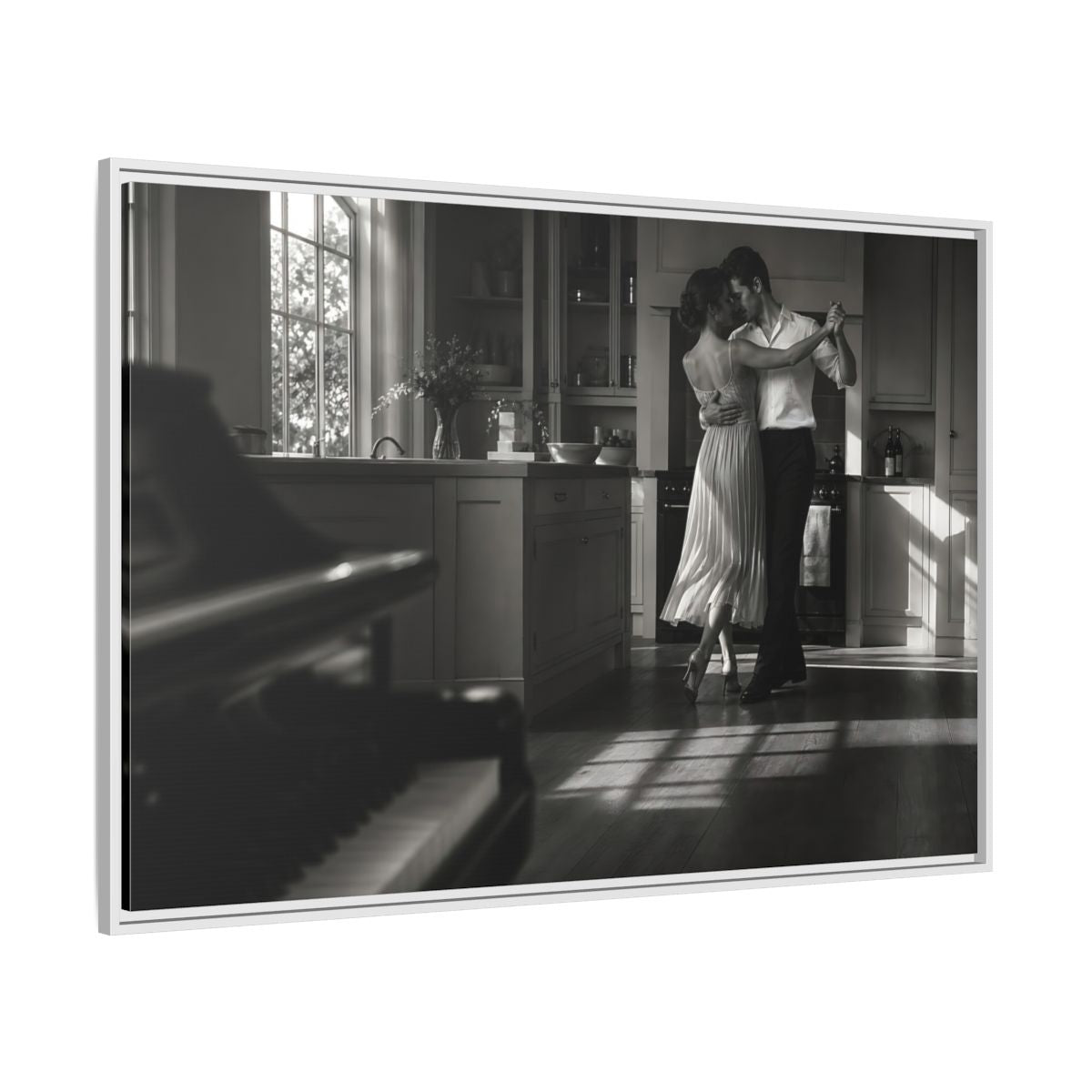 Side Mockup 7. Dancing In The Kitchen shown as framed canvas print