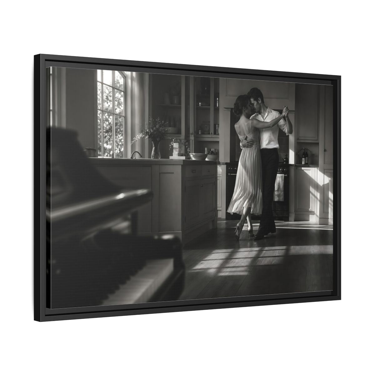 Side Mockup 14. Dancing In The Kitchen shown as framed canvas print