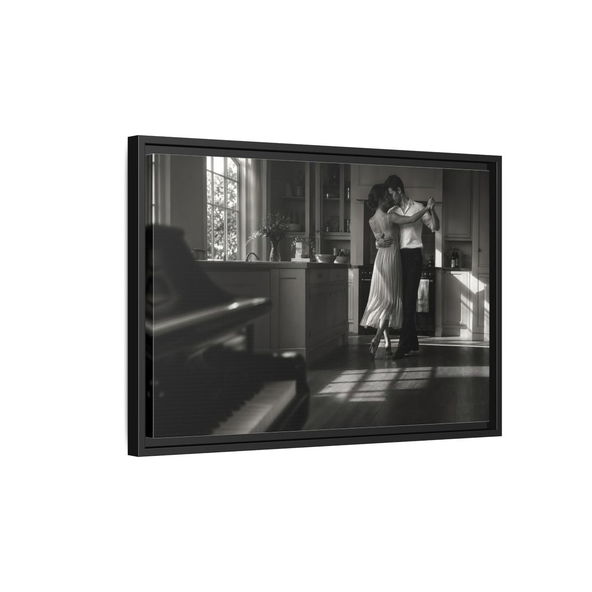 Side Mockup 3. Dancing In The Kitchen shown as framed canvas print