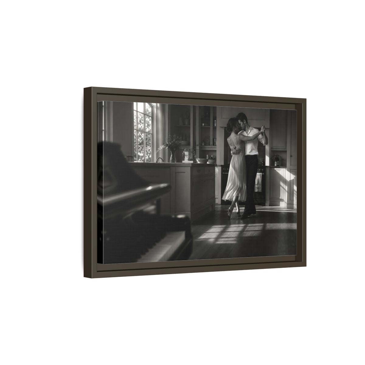 Side Mockup 5. Dancing In The Kitchen shown as framed canvas print