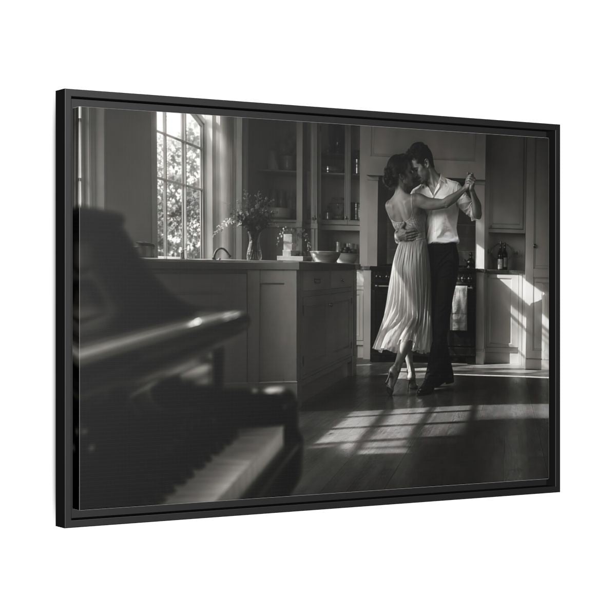 Side Mockup 13. Dancing In The Kitchen shown as framed canvas print