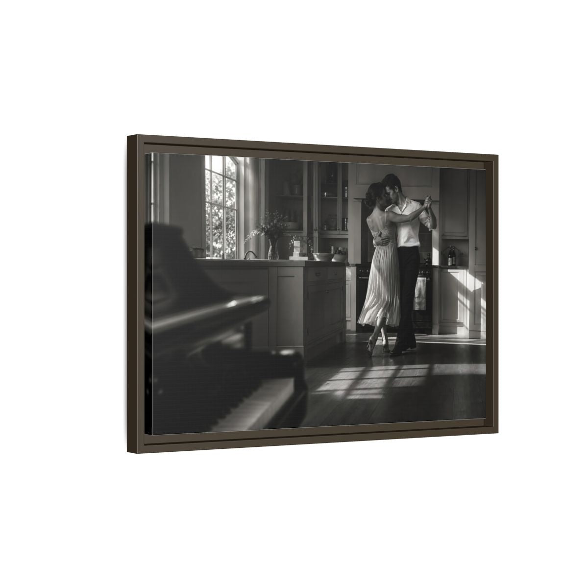 Side Mockup 2. Dancing In The Kitchen shown as framed canvas print