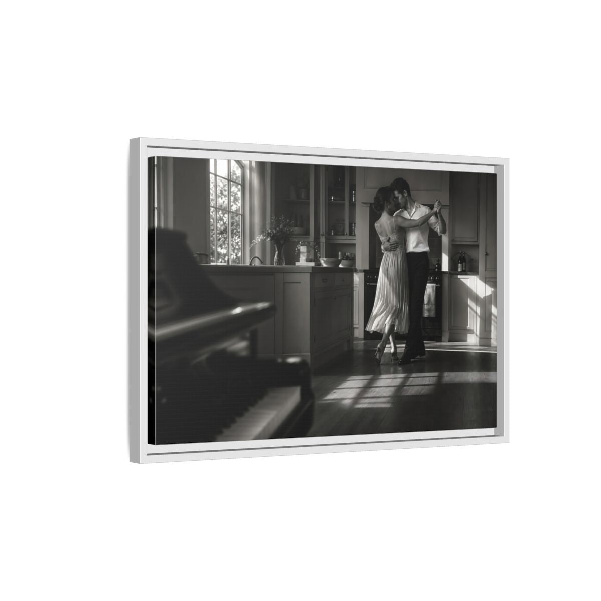 Side Mockup 1. Dancing In The Kitchen shown as framed canvas print