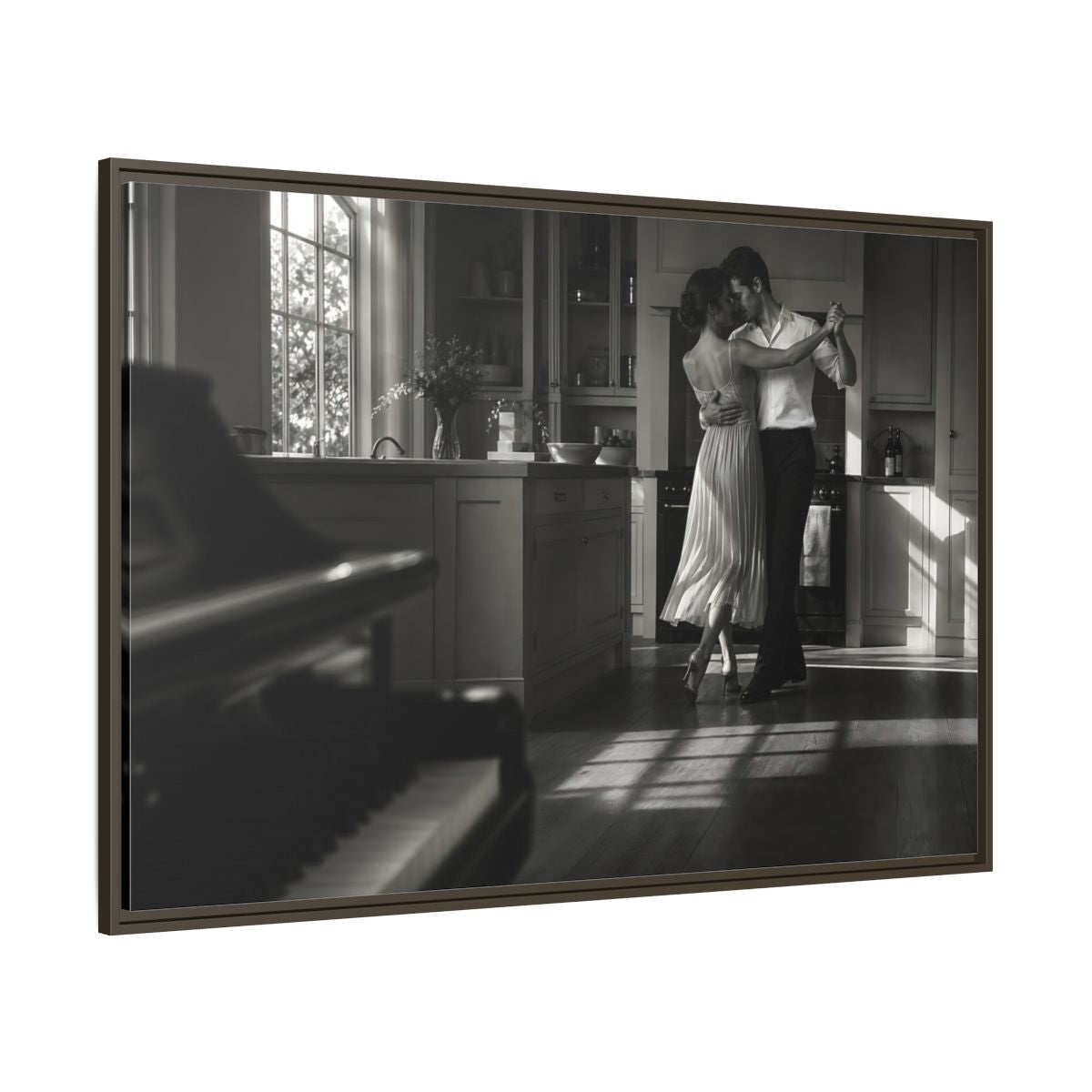 Side Mockup 8. Dancing In The Kitchen shown as framed canvas print