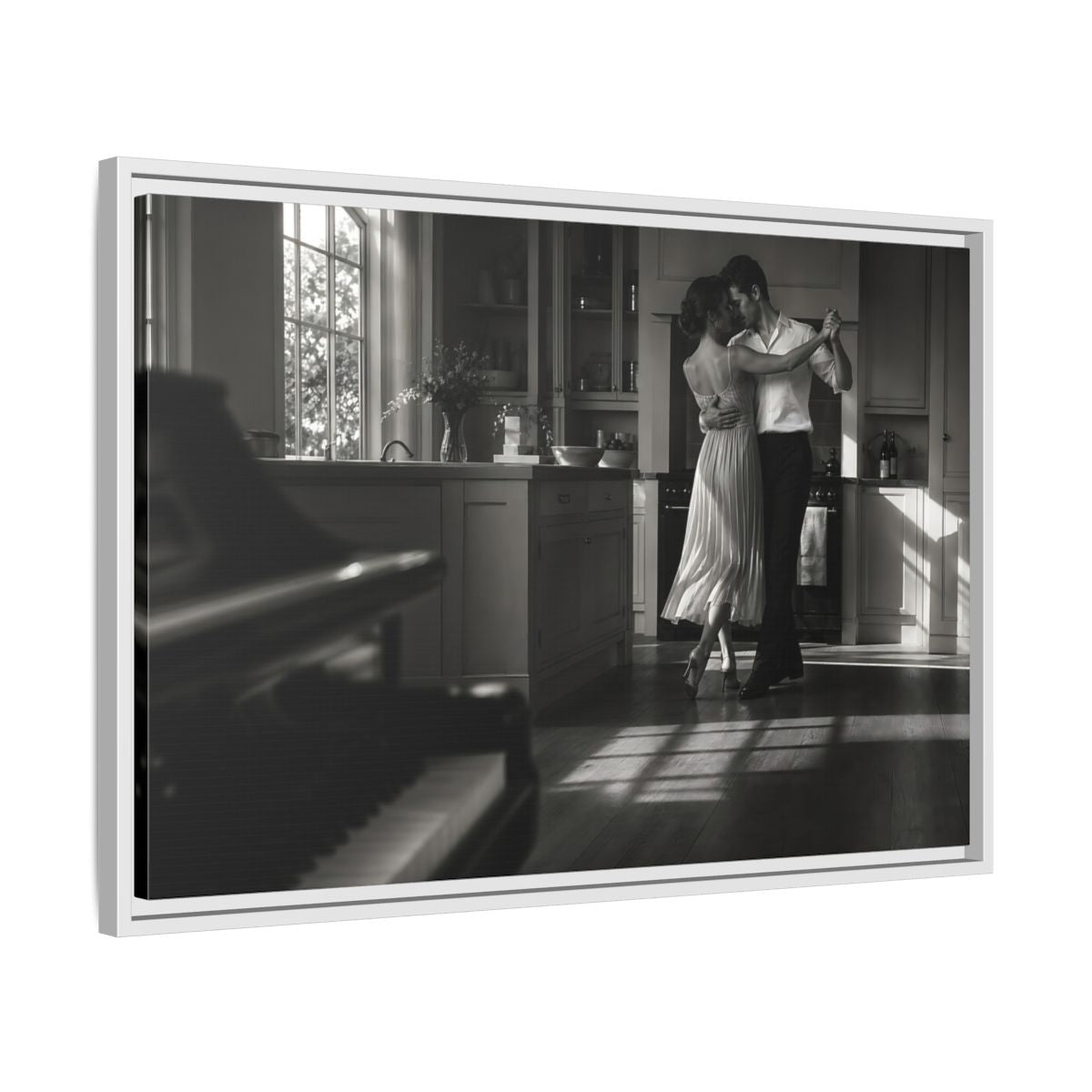 Side Mockup 10. Dancing In The Kitchen shown as framed canvas print