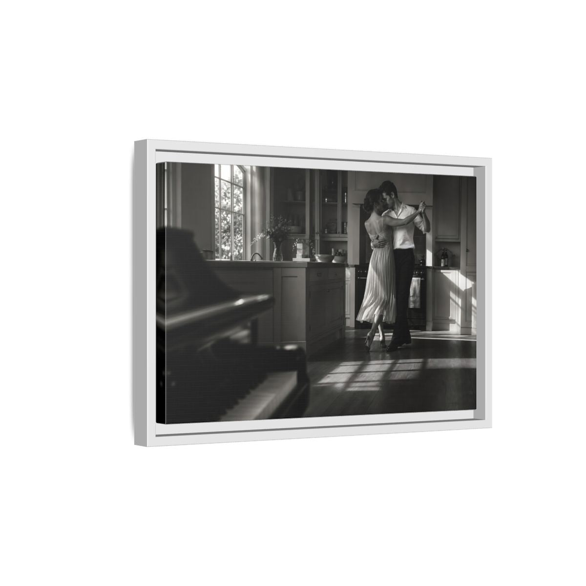 Side Mockup 4. Dancing In The Kitchen shown as framed canvas print