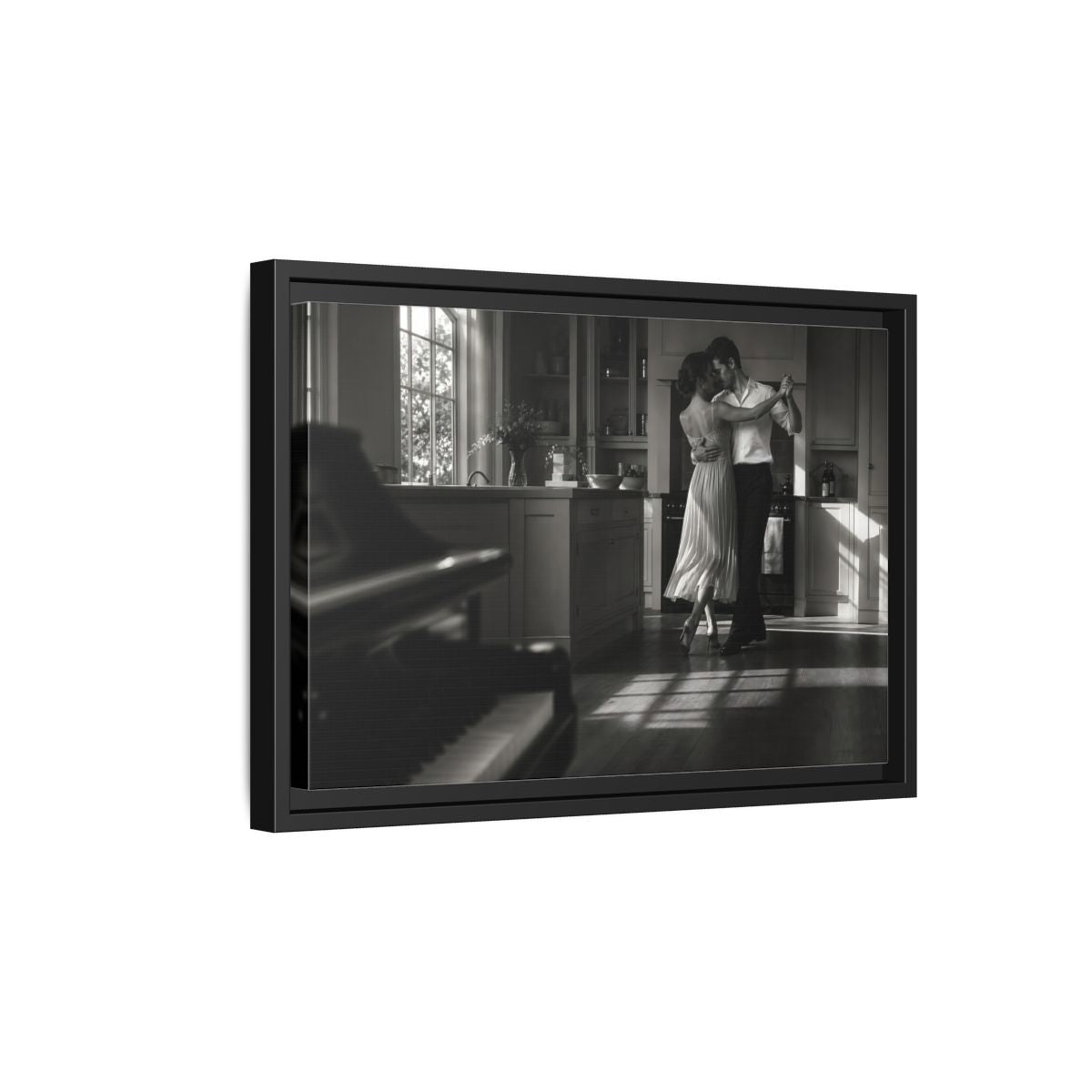 Side Mockup 6. Dancing In The Kitchen shown as framed canvas print