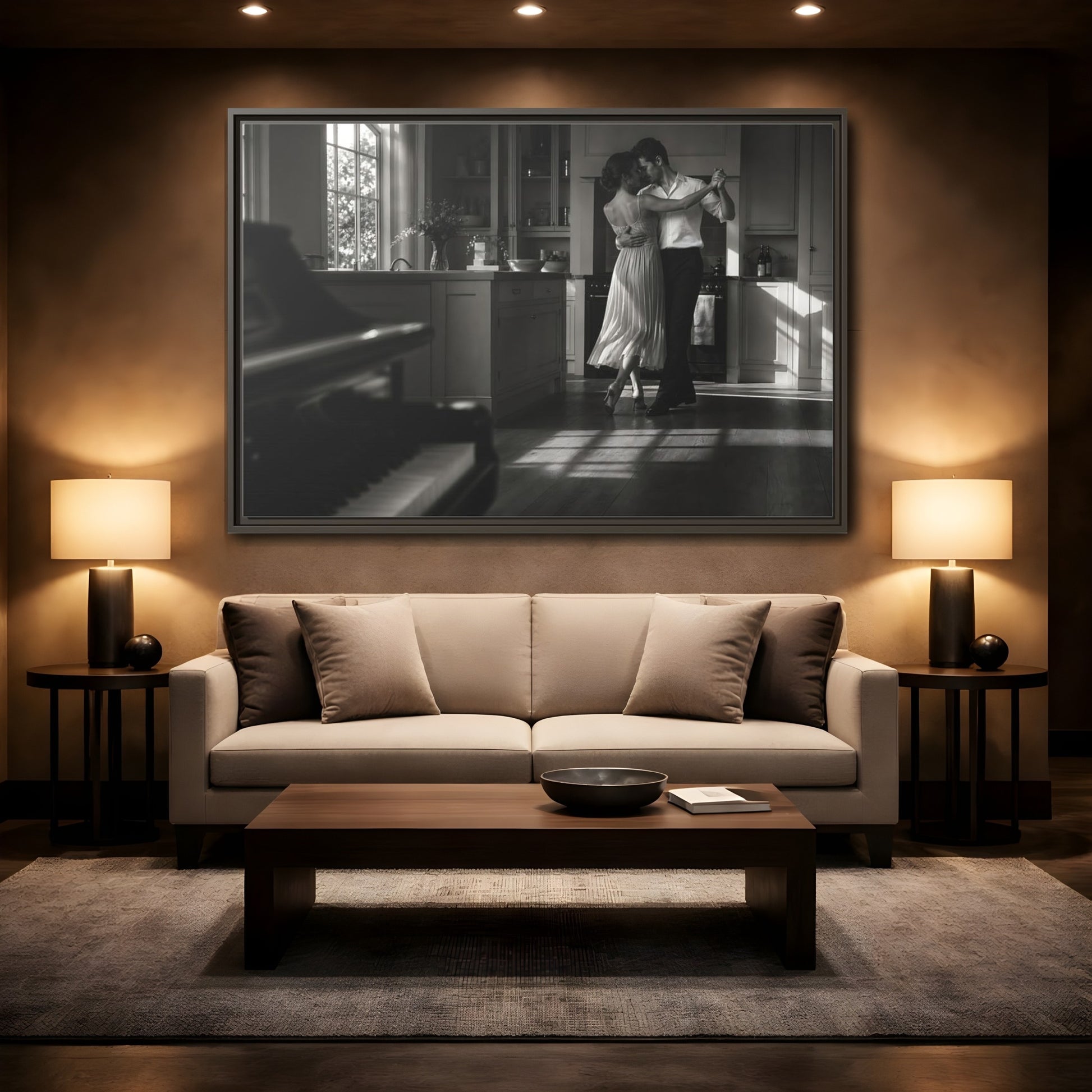 Mockup 2. Dancing In The Kitchen shown as framed canvas print