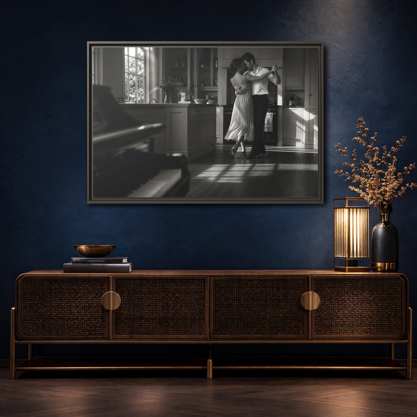 Mockup 4. Dancing In The Kitchen shown as framed canvas print