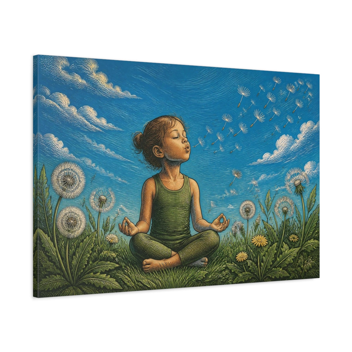 Main Mockup. Dandelion Yoga Child shown as canvas print