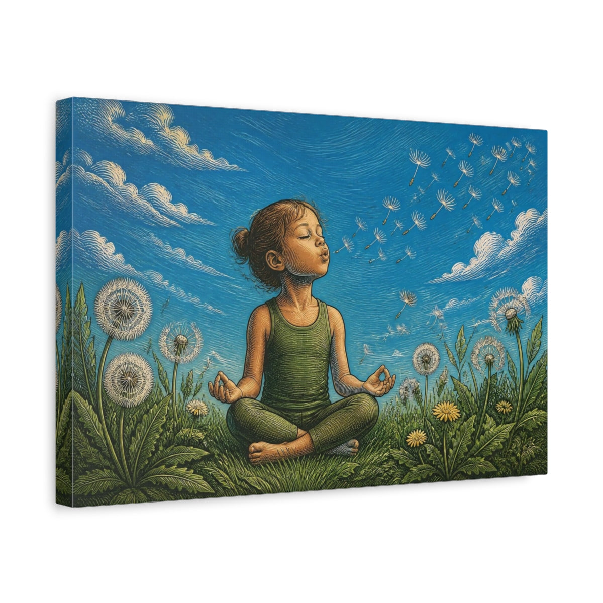 Side Mockup 4. Dandelion Yoga Child shown as canvas print