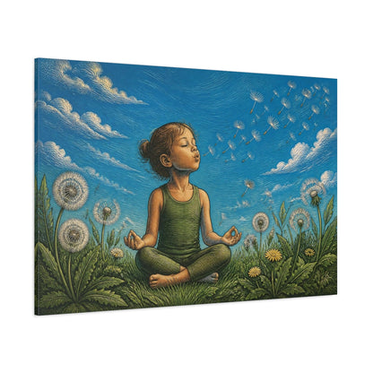 Side Mockup 1. Dandelion Yoga Child shown as canvas print