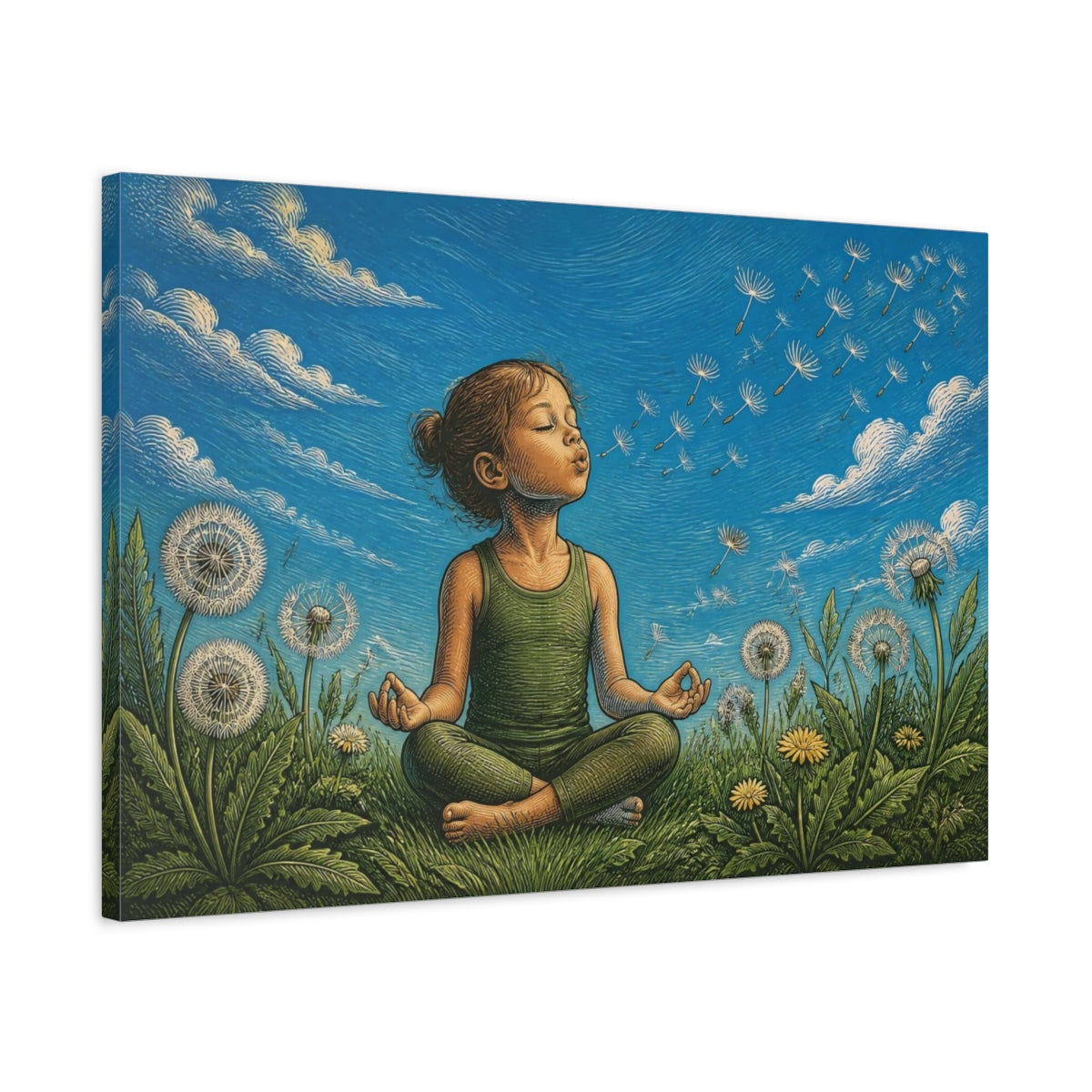 Side Mockup 2. Dandelion Yoga Child shown as canvas print
