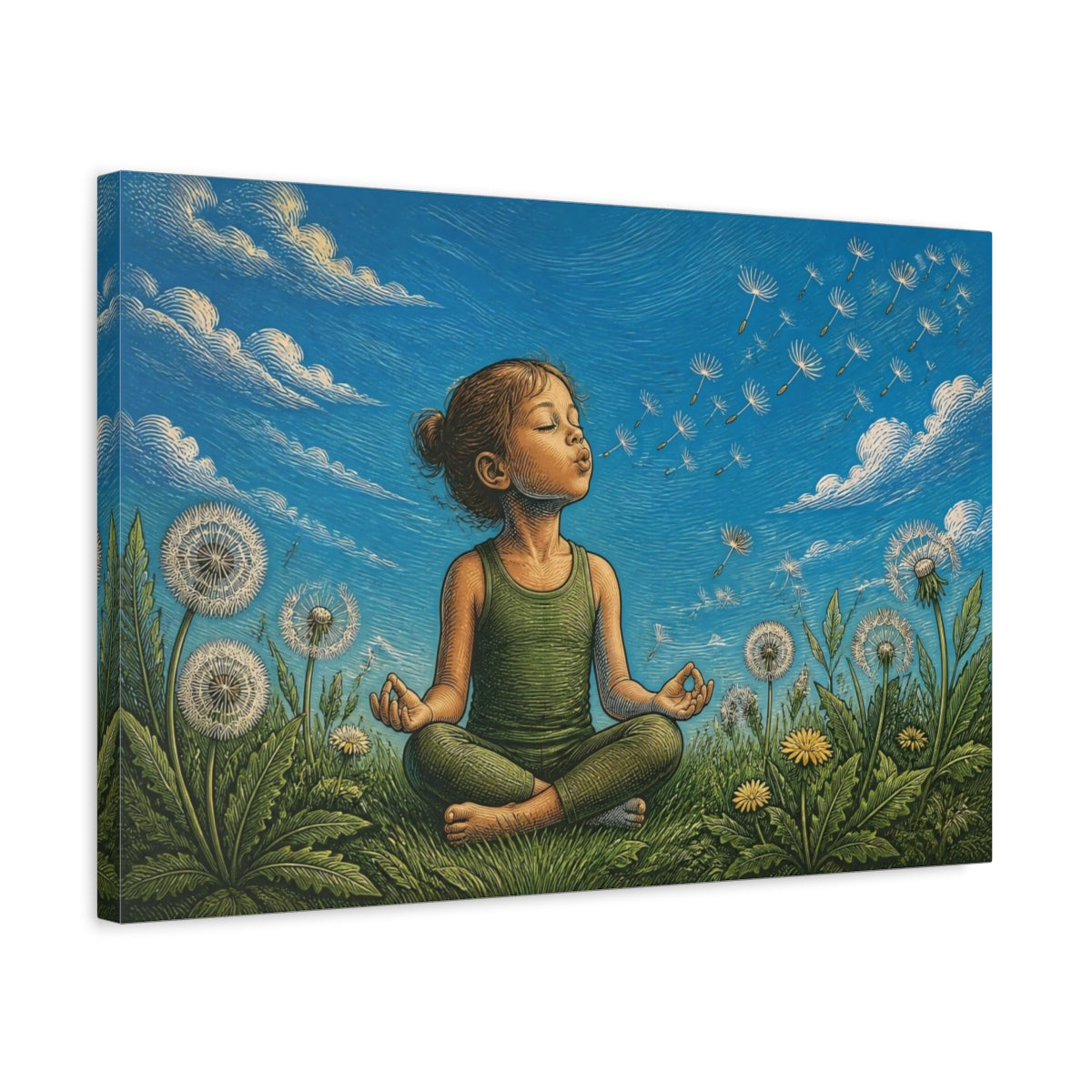Side Mockup 3. Dandelion Yoga Child shown as canvas print