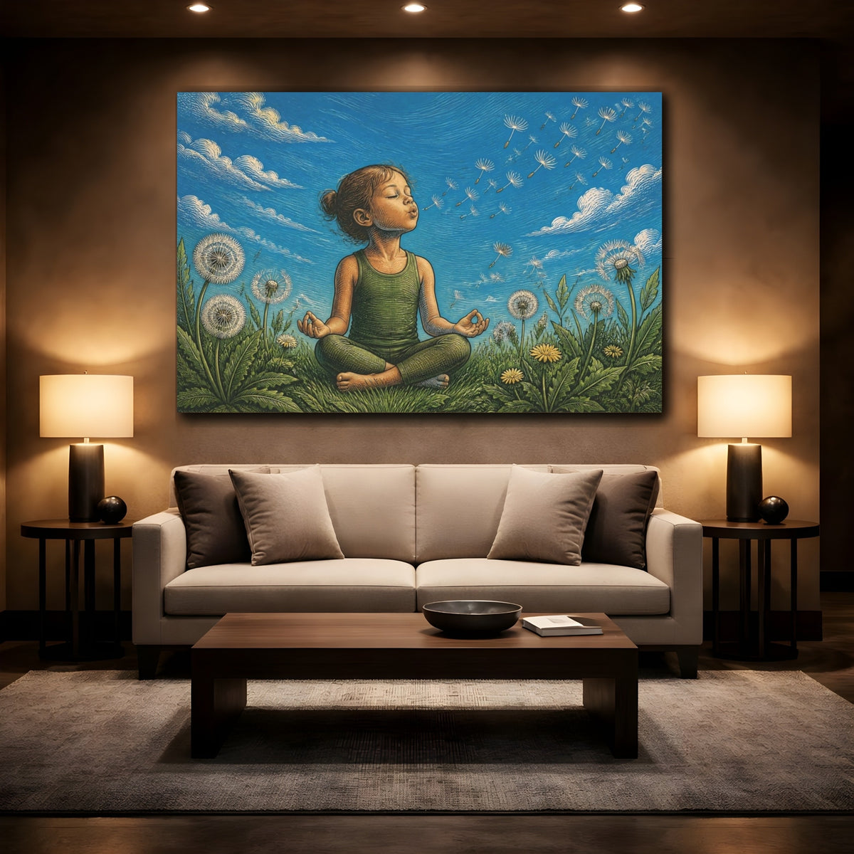 Mockup 2. Dandelion Yoga Child shown as canvas print