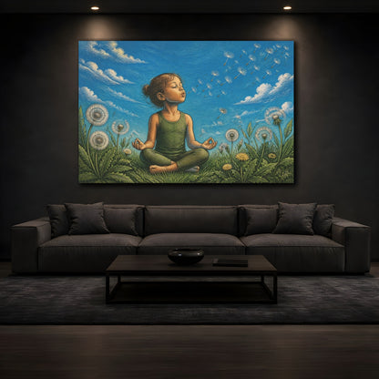 Mockup 3. Dandelion Yoga Child shown as canvas print