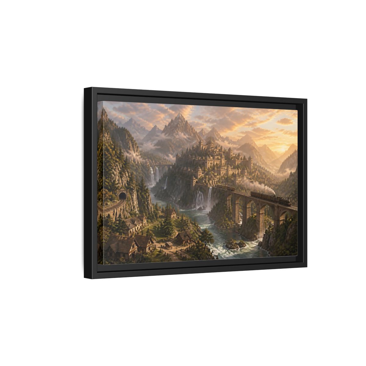 Side Mockup 6. Dawn Over Mountain Citadel shown as framed canvas print