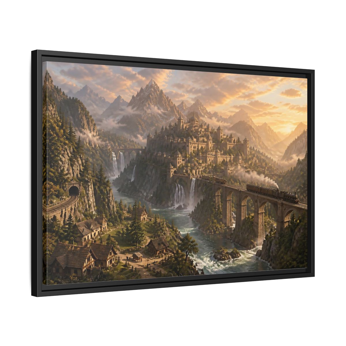 Side Mockup 14. Dawn Over Mountain Citadel shown as framed canvas print