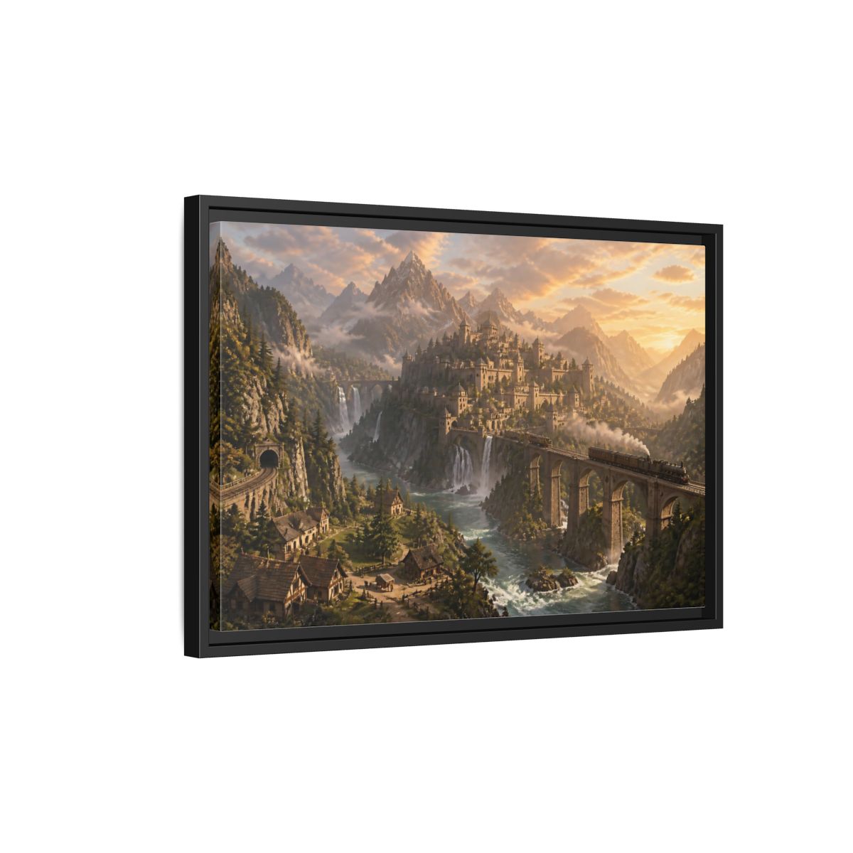 Side Mockup 3. Dawn Over Mountain Citadel shown as framed canvas print