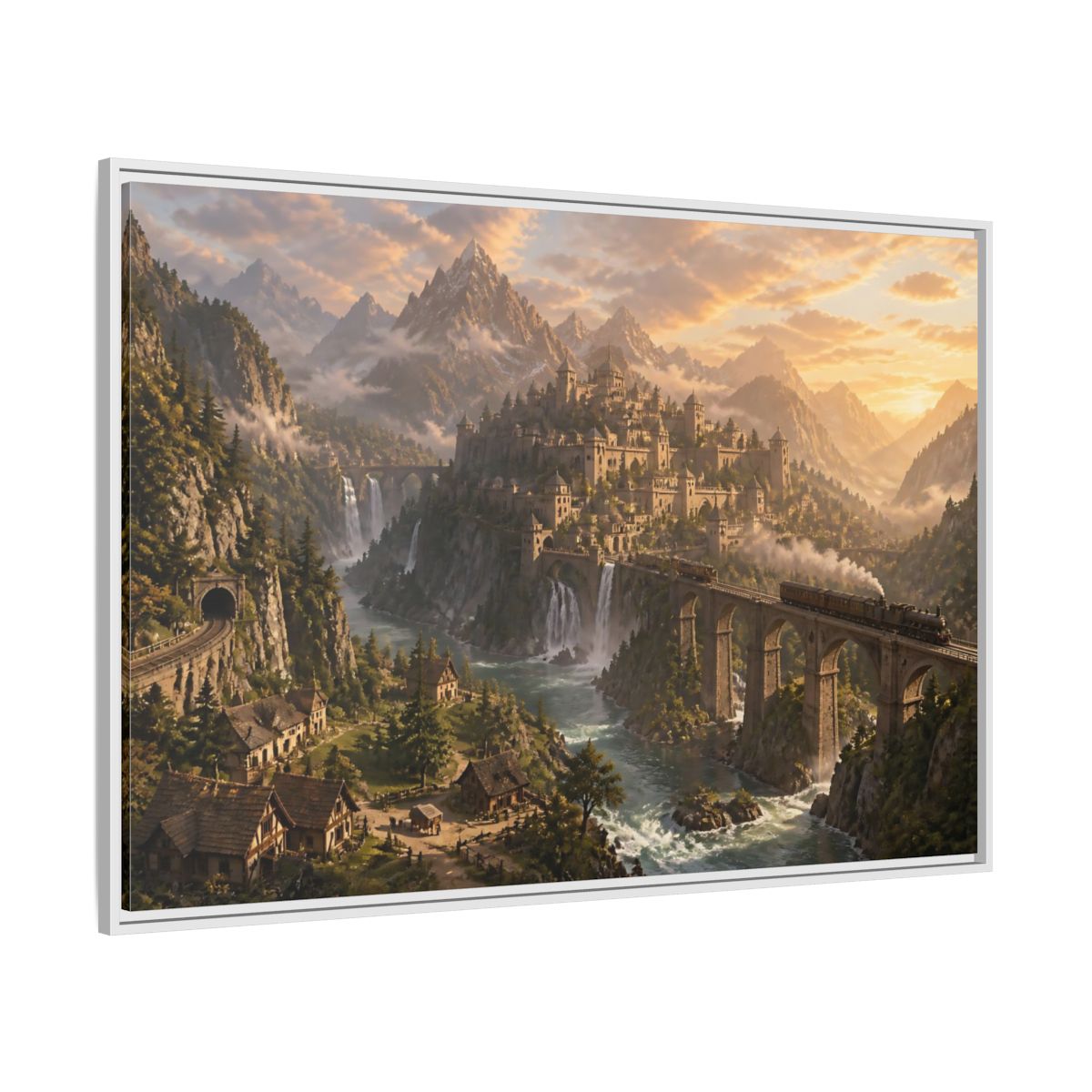 Side Mockup 7. Dawn Over Mountain Citadel shown as framed canvas print