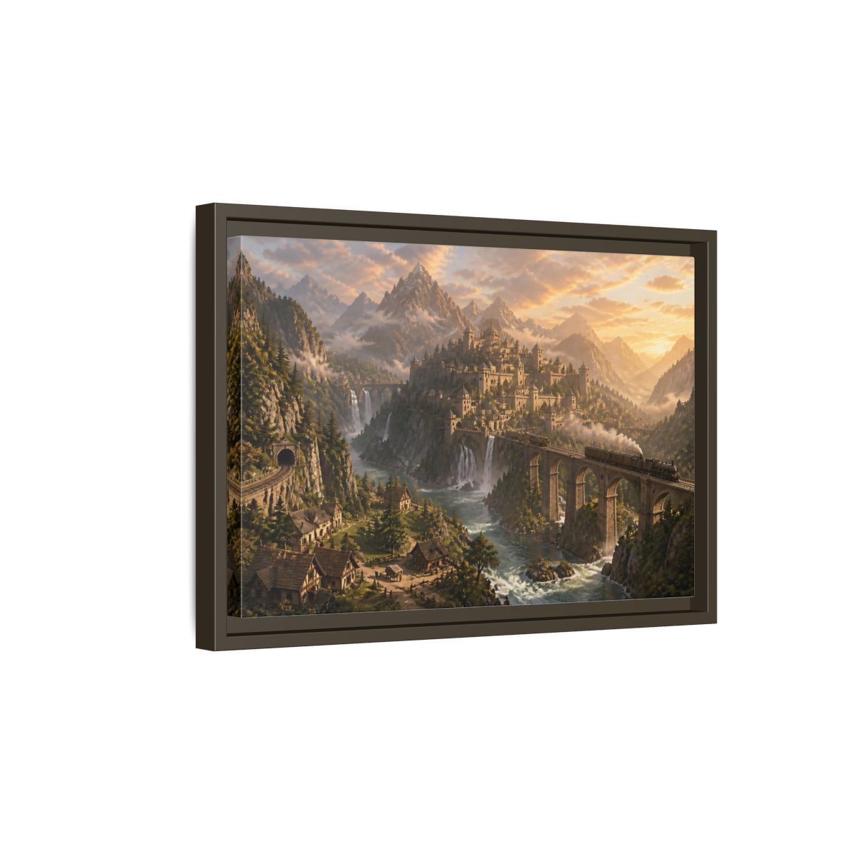 Side Mockup 5. Dawn Over Mountain Citadel shown as framed canvas print