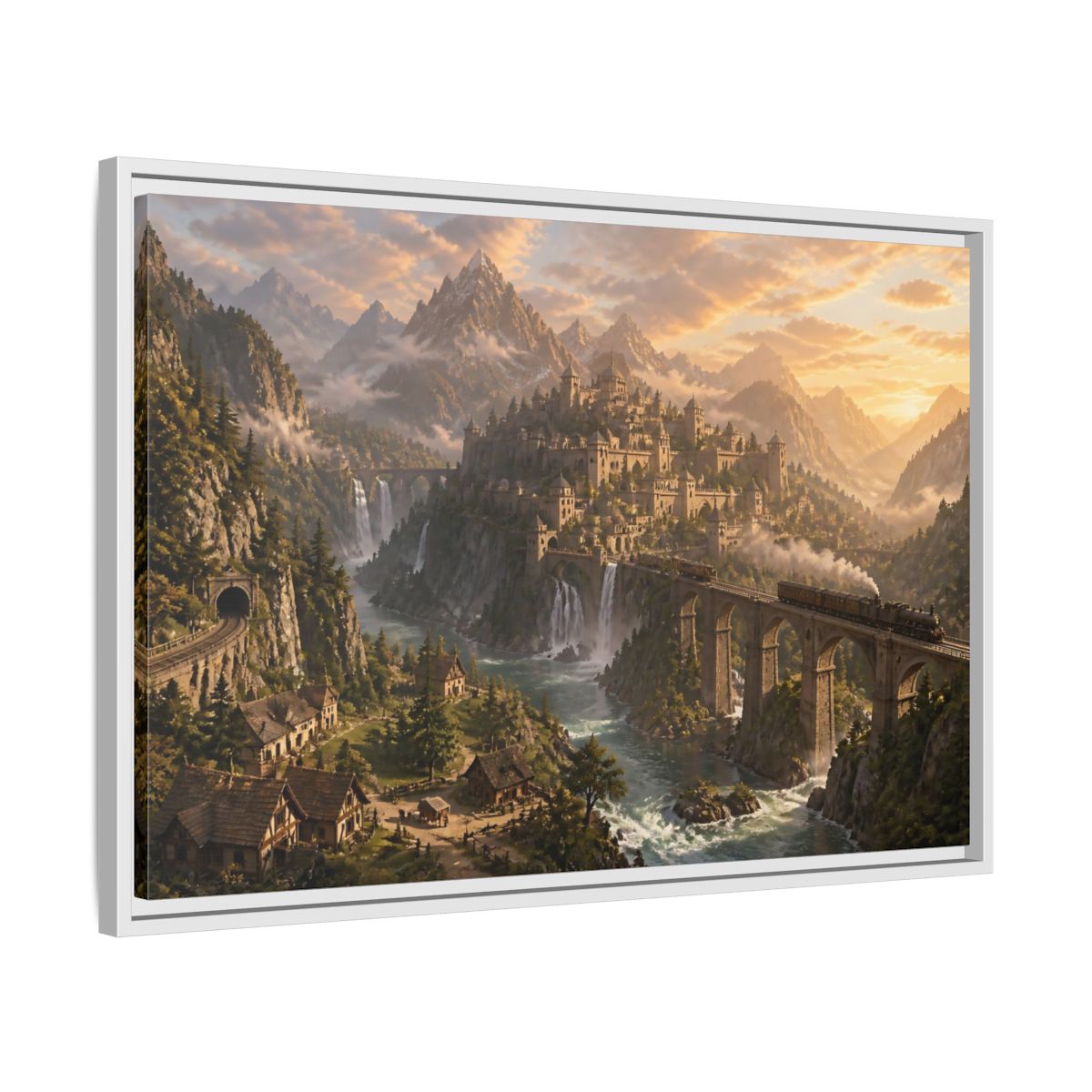 Side Mockup 10. Dawn Over Mountain Citadel shown as framed canvas print
