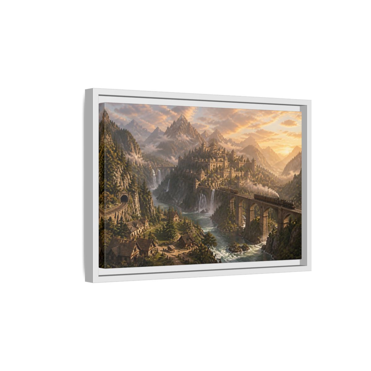 Side Mockup 4. Dawn Over Mountain Citadel shown as framed canvas print