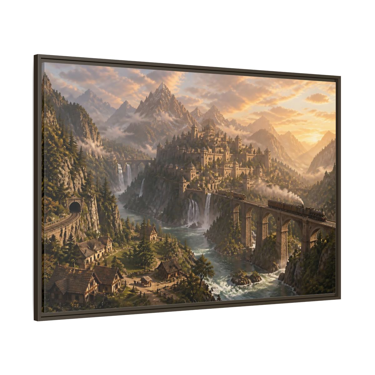 Side Mockup 8. Dawn Over Mountain Citadel shown as framed canvas print