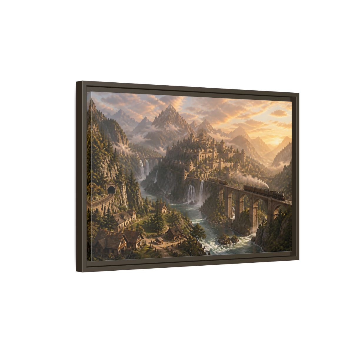 Side Mockup 2. Dawn Over Mountain Citadel shown as framed canvas print