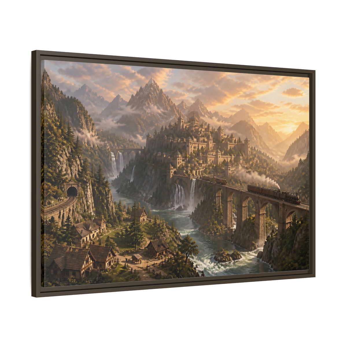 Main Mockup. Dawn Over Mountain Citadel shown as framed canvas print