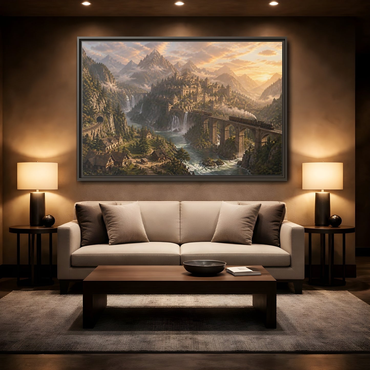 Mockup 2. Dawn Over Mountain Citadel shown as framed canvas print