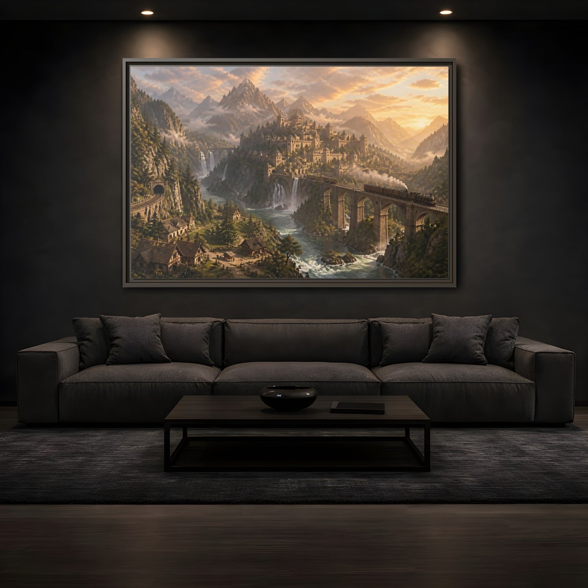 Mockup 3. Dawn Over Mountain Citadel shown as framed canvas print