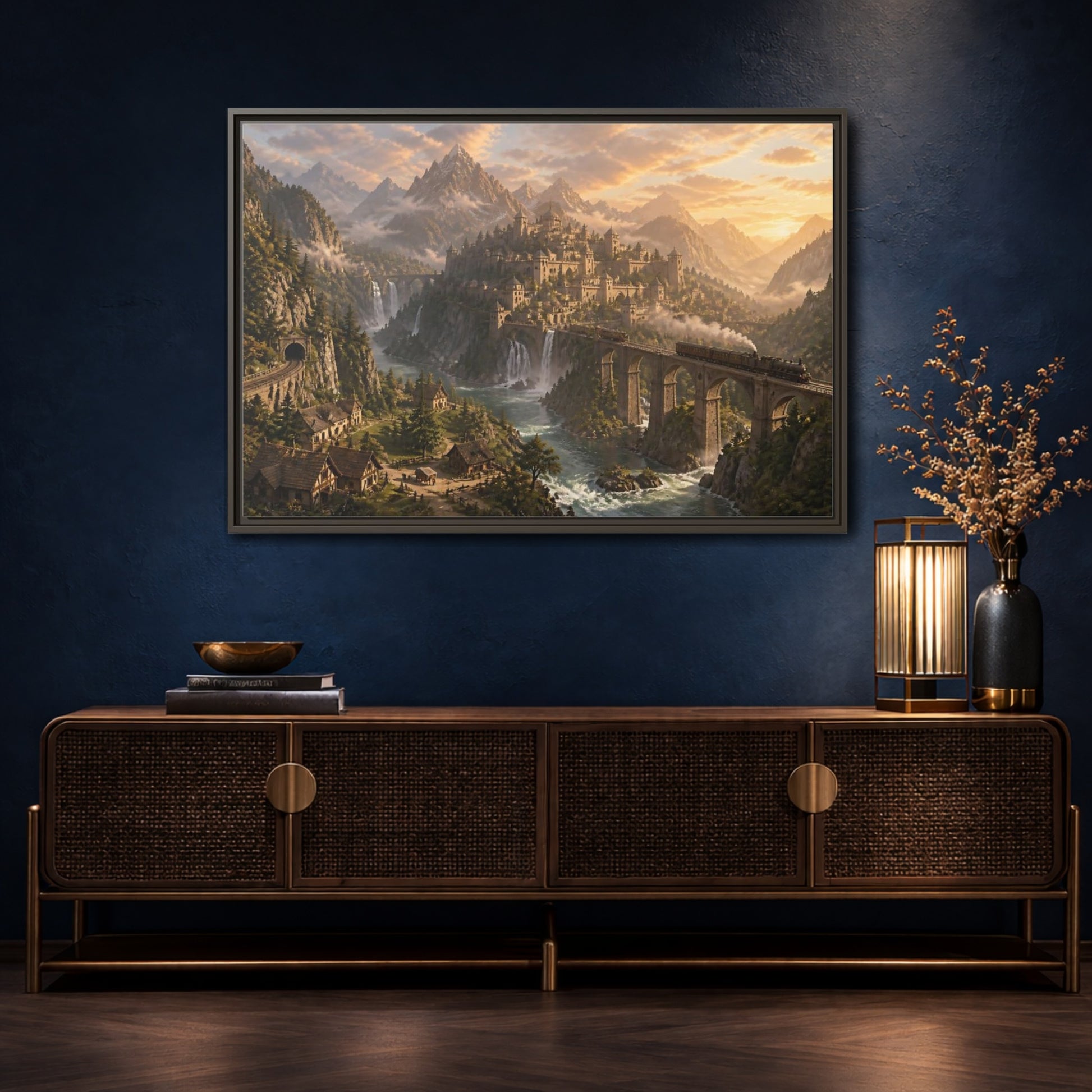 Mockup 4. Dawn Over Mountain Citadel shown as framed canvas print